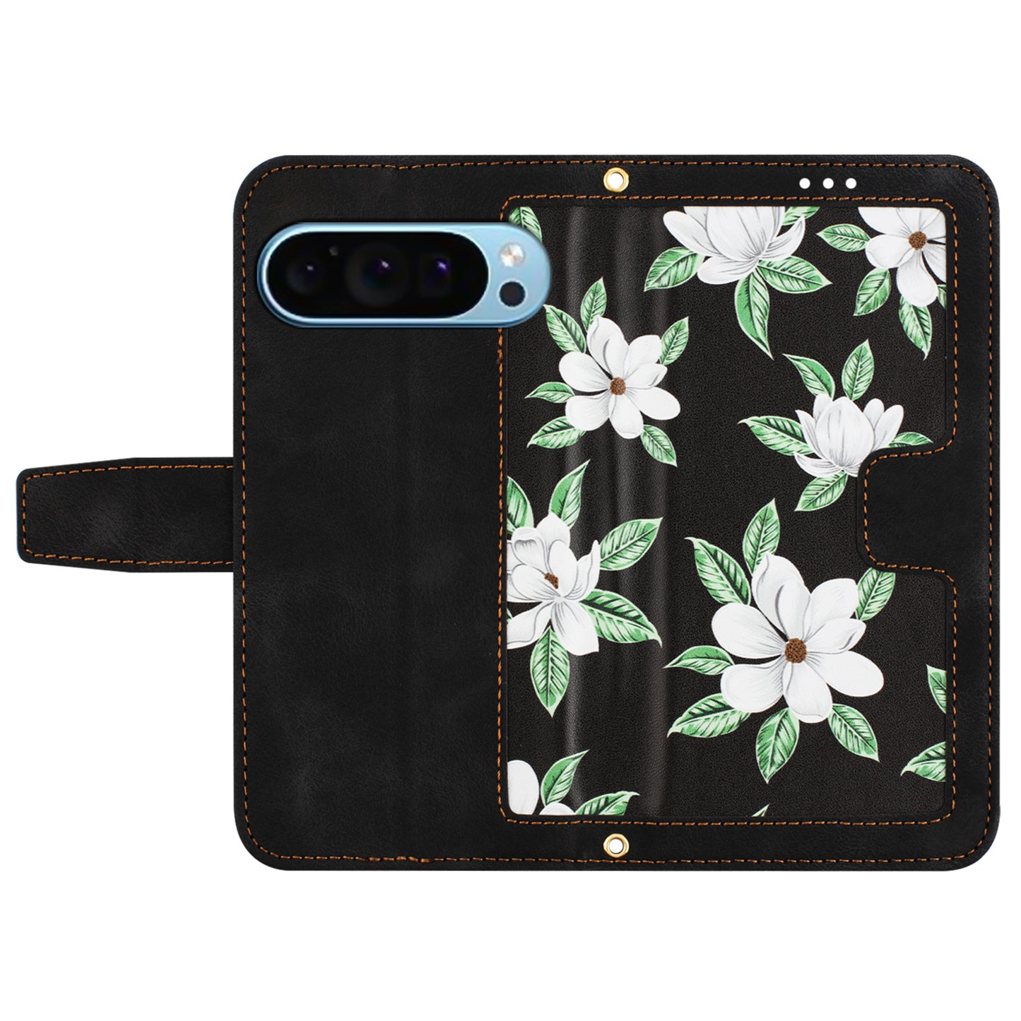 For Google Pixel 9 Phone Cover Flower Pattern PU Leather Case with Card Holder and Stand - Black