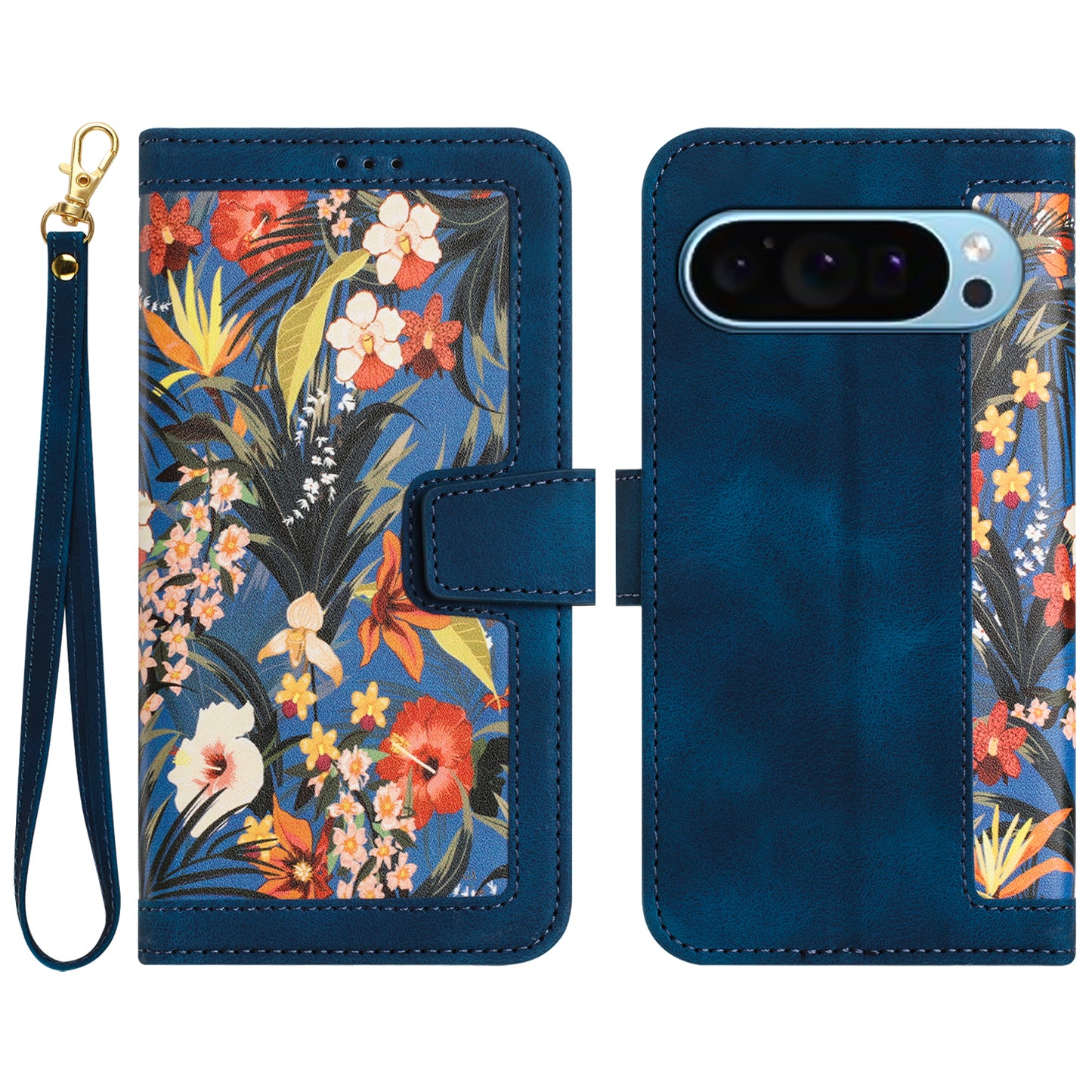 For Google Pixel 9 Phone Cover Flower Pattern PU Leather Case with Card Holder and Stand - Dark Blue