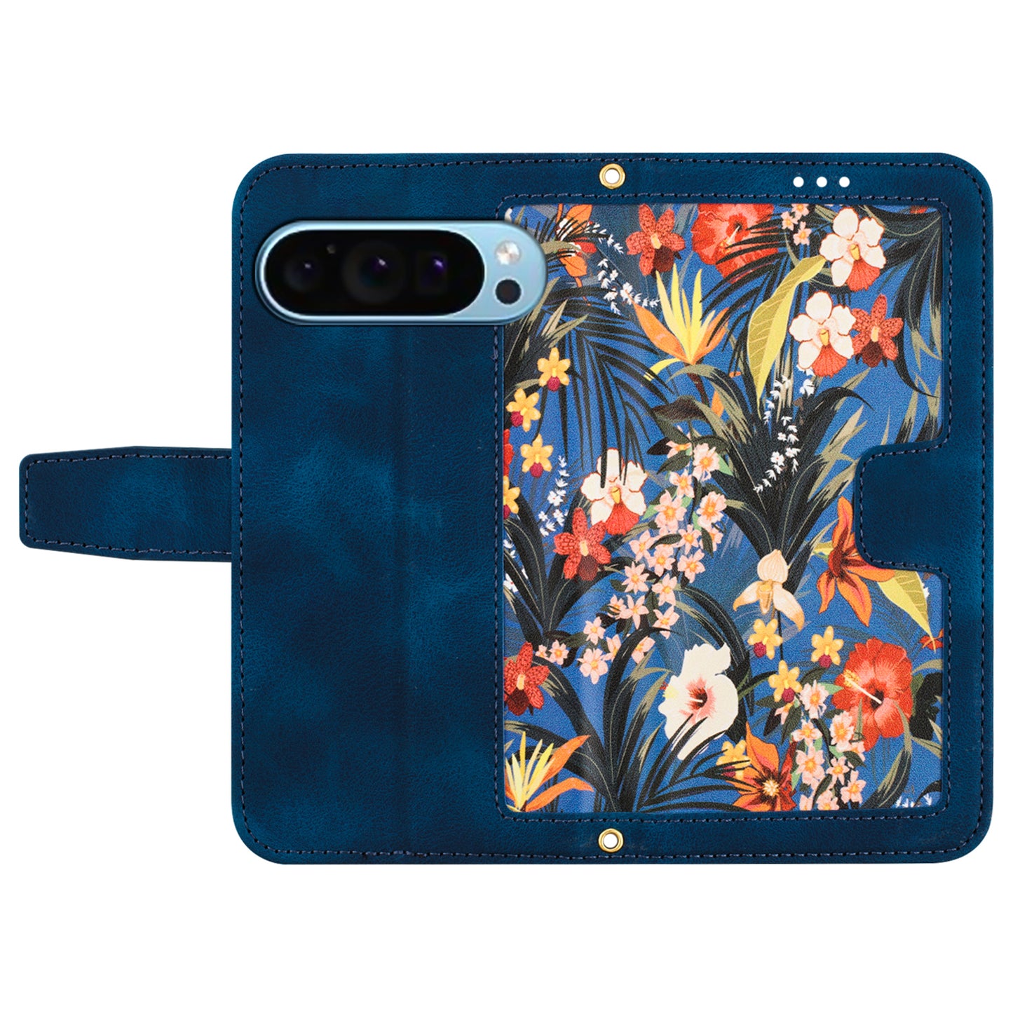 For Google Pixel 9 Phone Cover Flower Pattern PU Leather Case with Card Holder and Stand - Dark Blue