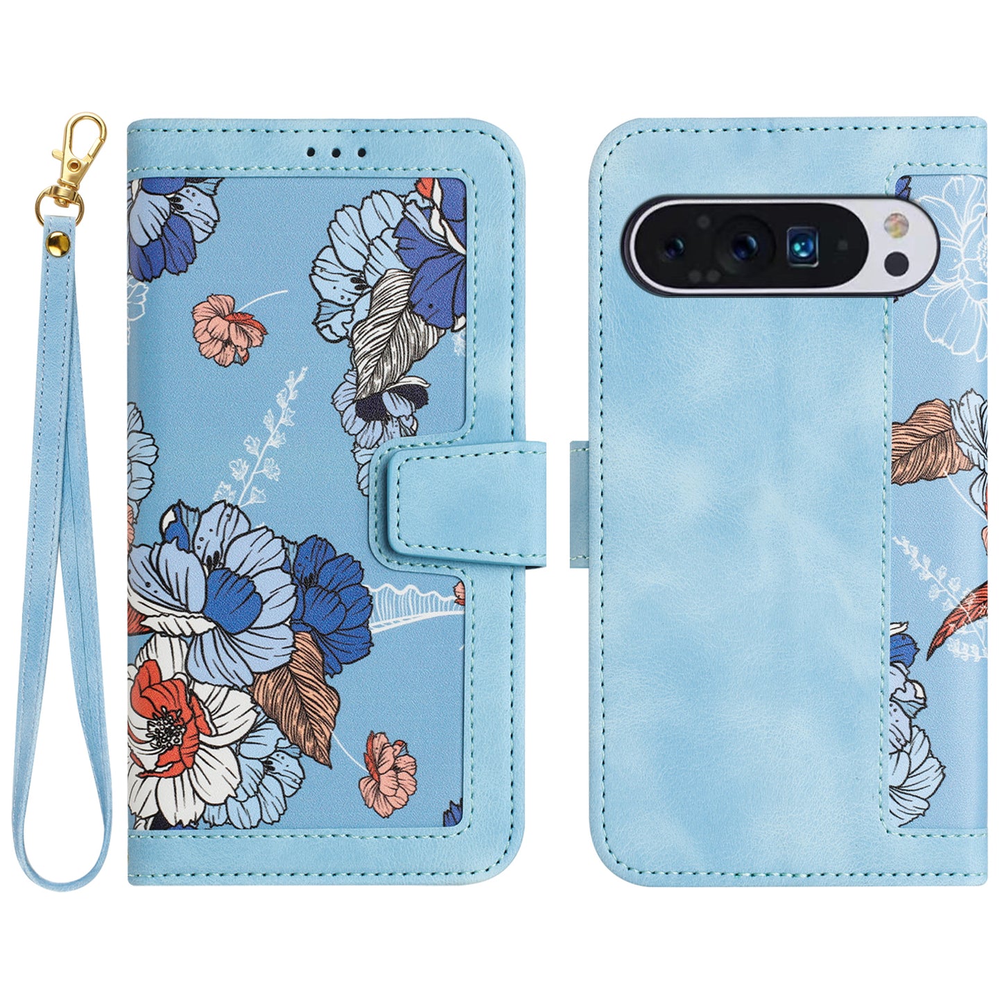 Phone Case for Google Pixel 9 Pro Flower Pattern PU Leather Stand Cover with Card Holder - Baby Blue