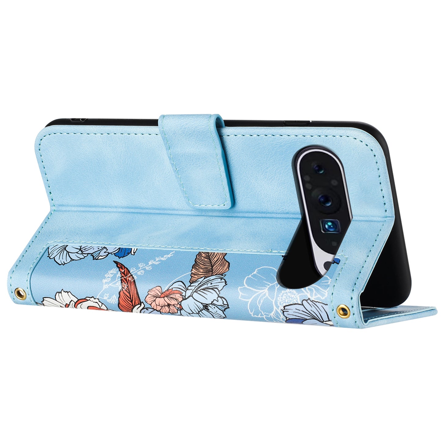Phone Case for Google Pixel 9 Pro Flower Pattern PU Leather Stand Cover with Card Holder - Baby Blue