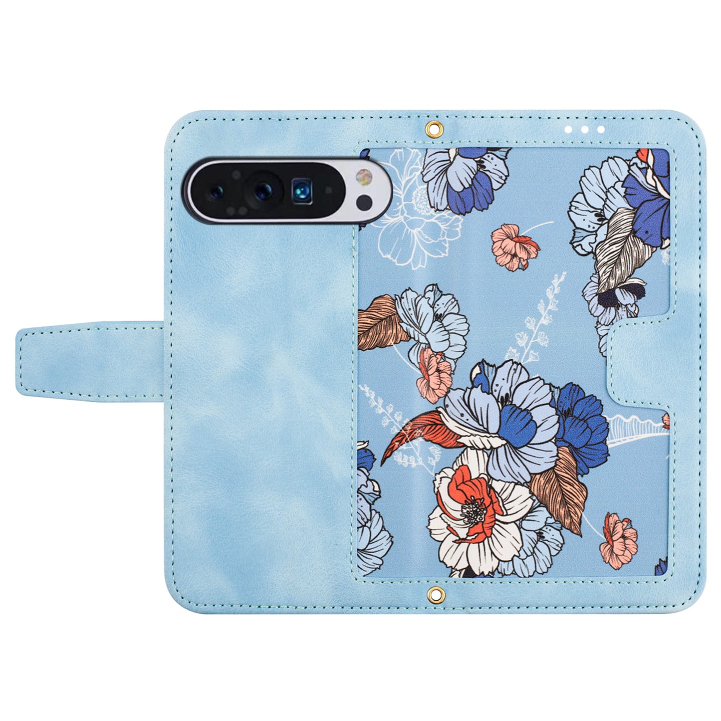 Phone Case for Google Pixel 9 Pro Flower Pattern PU Leather Stand Cover with Card Holder - Baby Blue