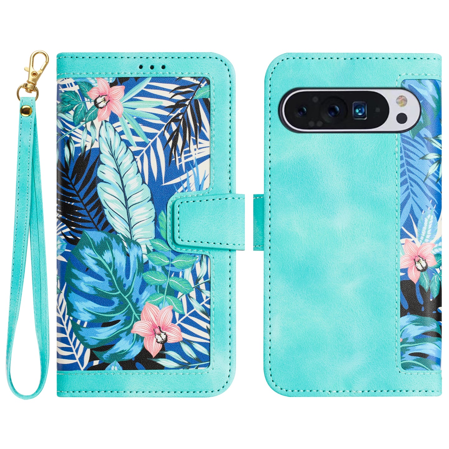 Phone Case for Google Pixel 9 Pro Flower Pattern PU Leather Stand Cover with Card Holder - Green