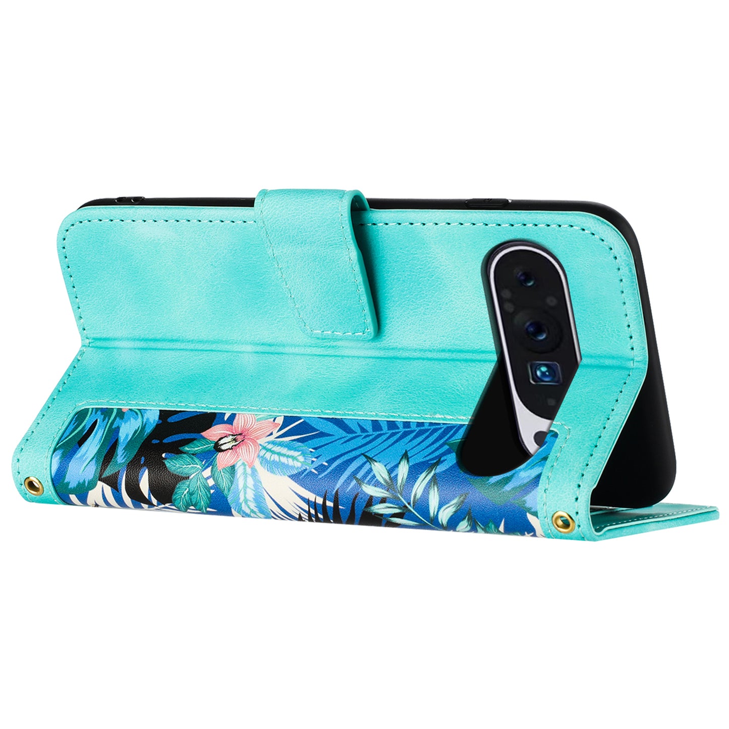 Phone Case for Google Pixel 9 Pro Flower Pattern PU Leather Stand Cover with Card Holder - Green