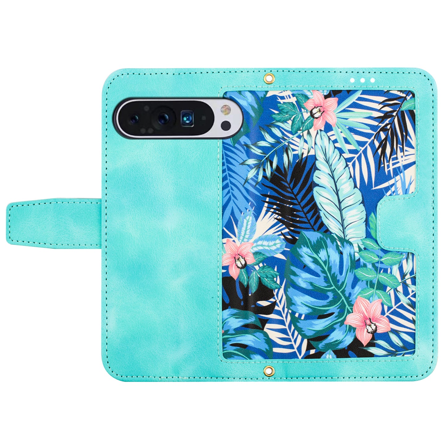 Phone Case for Google Pixel 9 Pro Flower Pattern PU Leather Stand Cover with Card Holder - Green