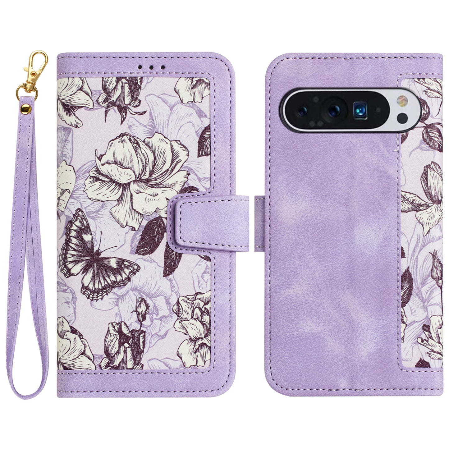 Phone Case for Google Pixel 9 Pro Flower Pattern PU Leather Stand Cover with Card Holder - Light Purple