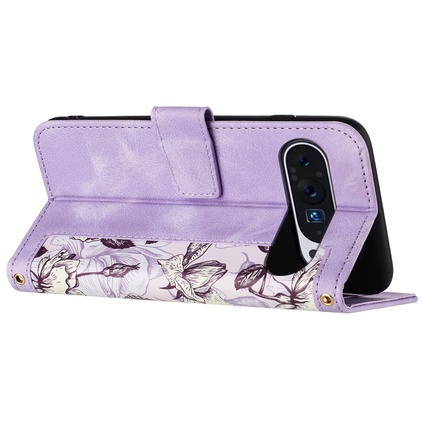 Phone Case for Google Pixel 9 Pro Flower Pattern PU Leather Stand Cover with Card Holder - Light Purple