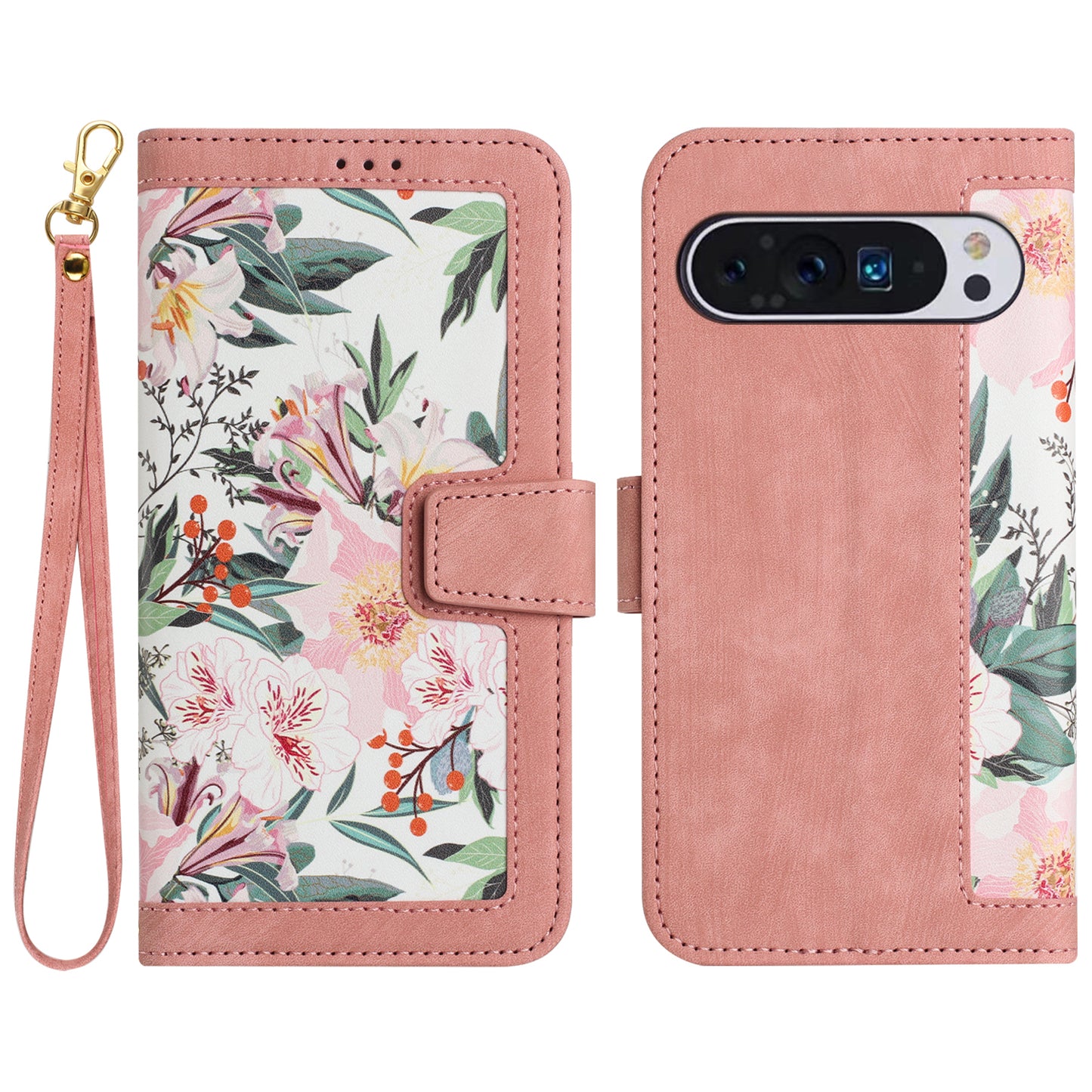 Phone Case for Google Pixel 9 Pro Flower Pattern PU Leather Stand Cover with Card Holder - Pink