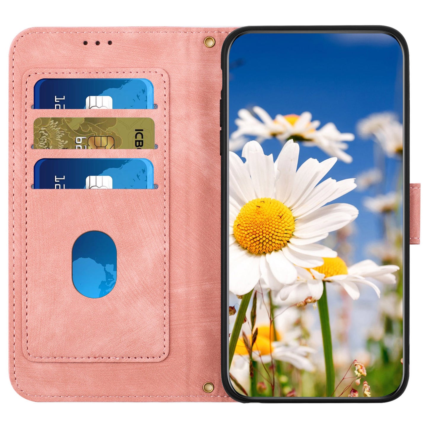 Phone Case for Google Pixel 9 Pro Flower Pattern PU Leather Stand Cover with Card Holder - Pink