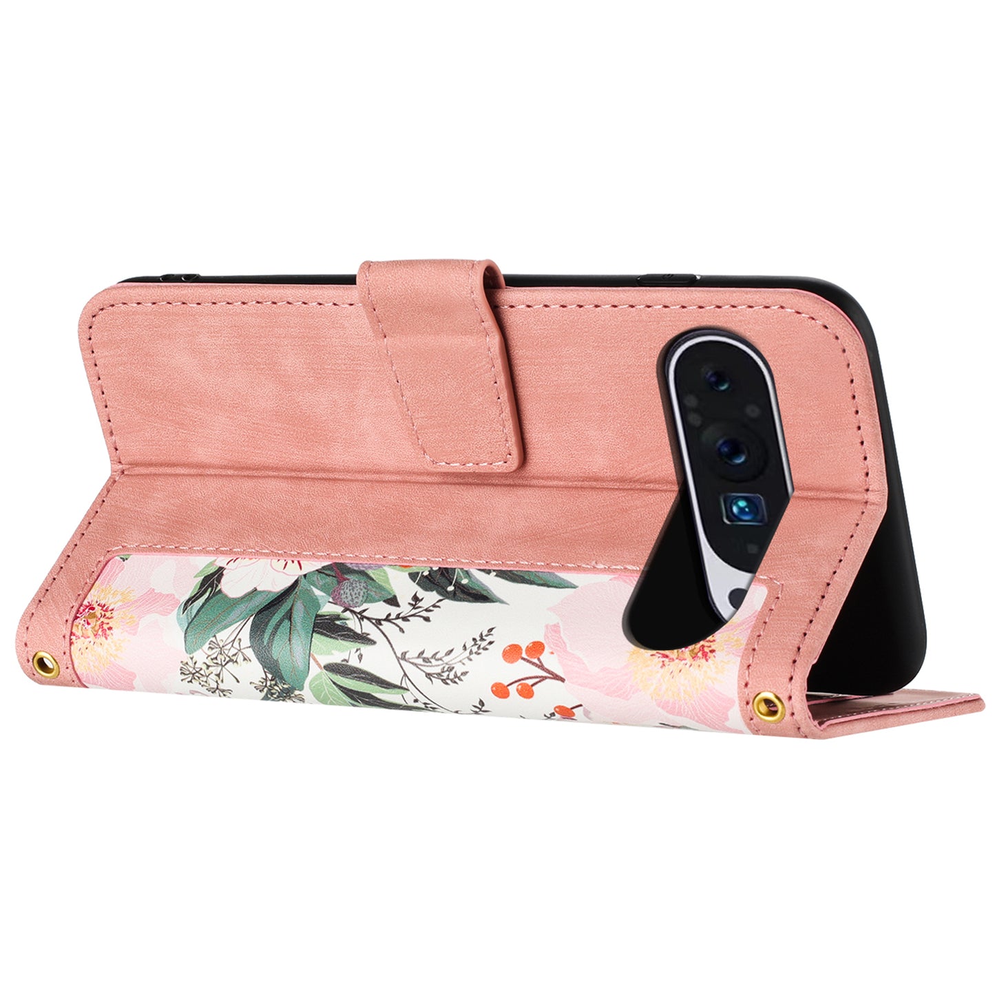 Phone Case for Google Pixel 9 Pro Flower Pattern PU Leather Stand Cover with Card Holder - Pink