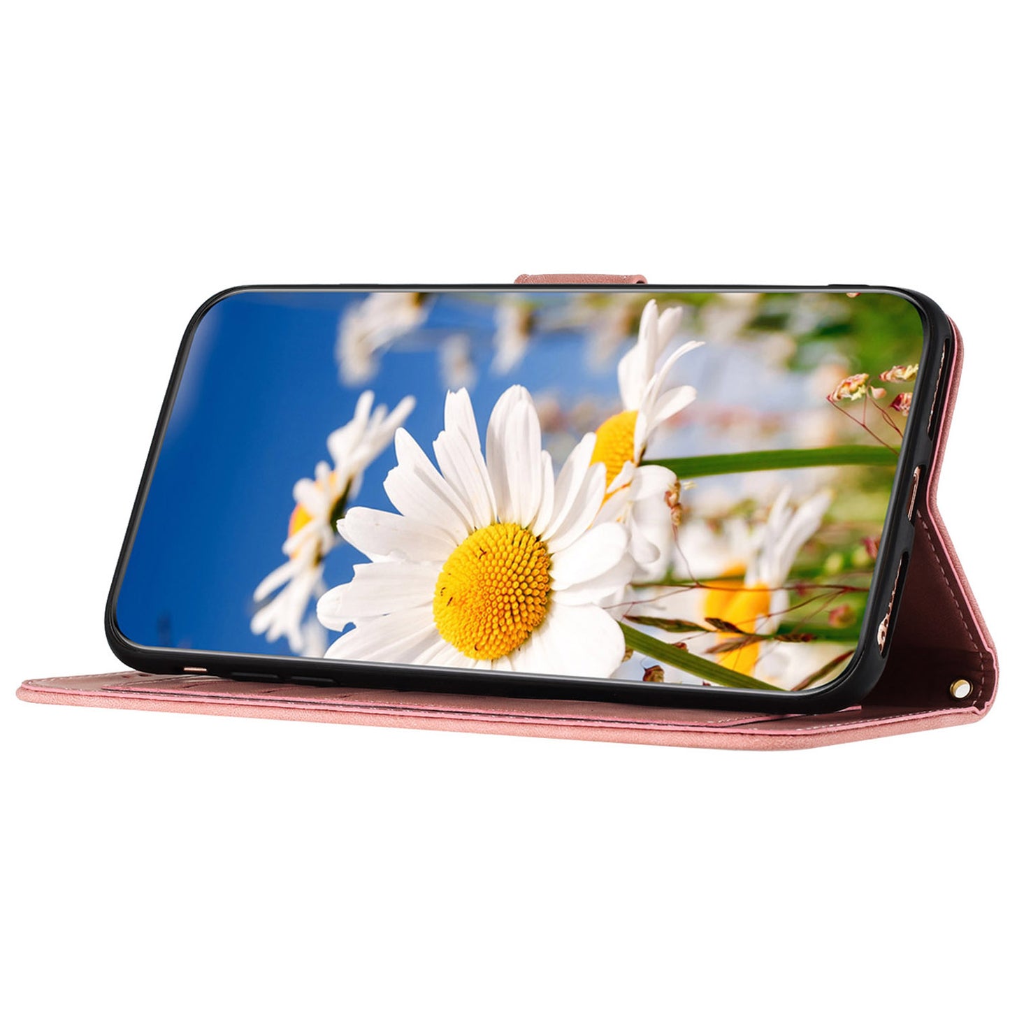 Phone Case for Google Pixel 9 Pro Flower Pattern PU Leather Stand Cover with Card Holder - Pink