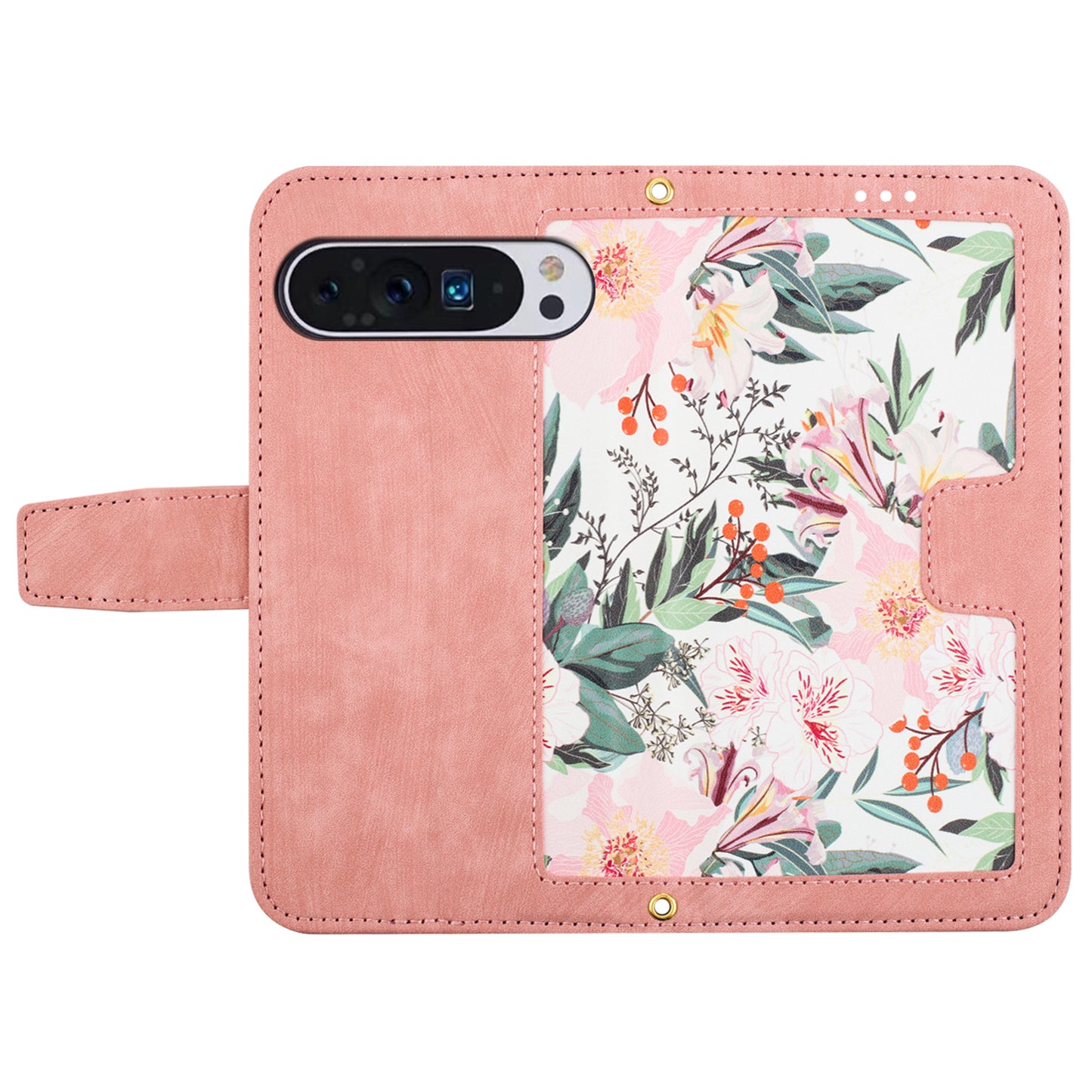 Phone Case for Google Pixel 9 Pro Flower Pattern PU Leather Stand Cover with Card Holder - Pink