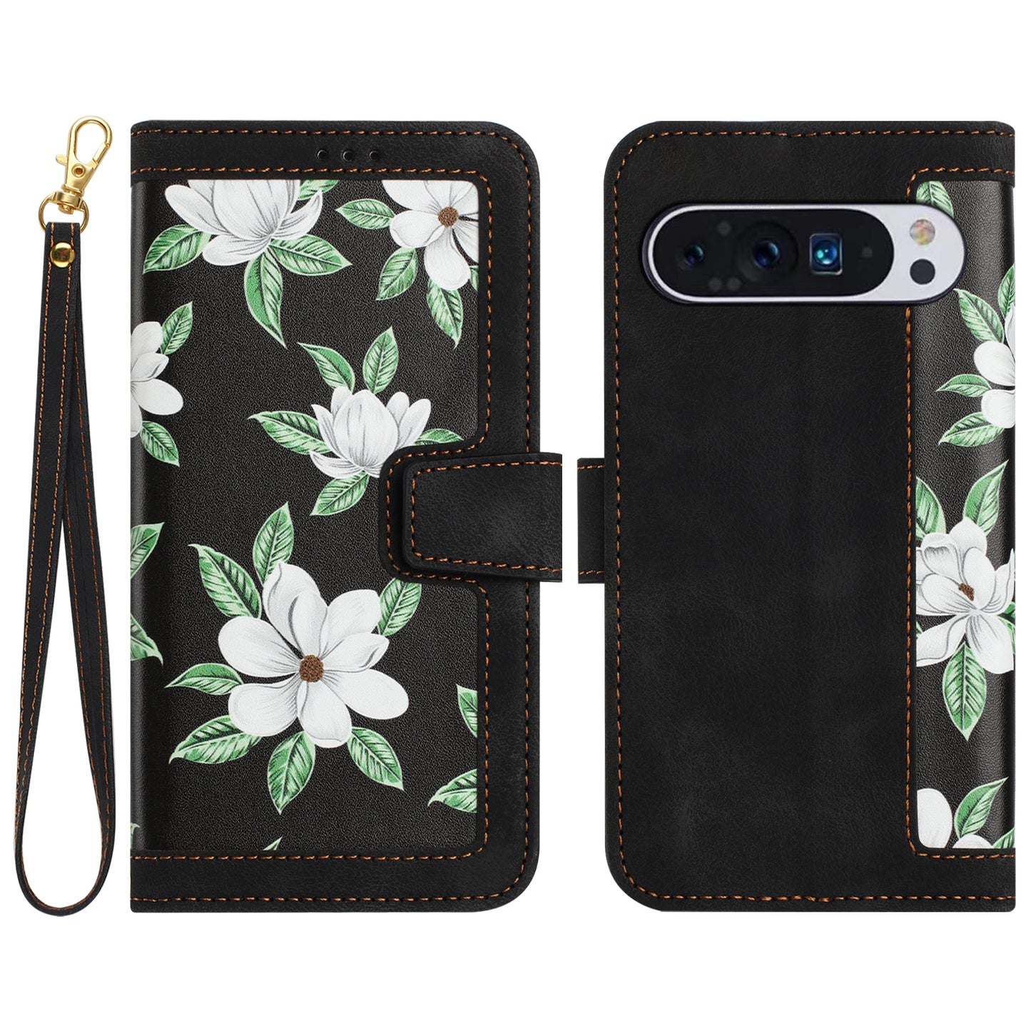 Phone Case for Google Pixel 9 Pro Flower Pattern PU Leather Stand Cover with Card Holder - Black