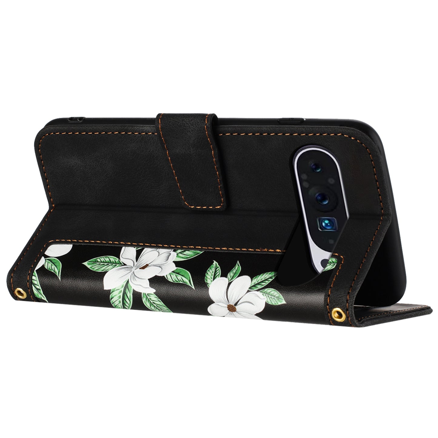 Phone Case for Google Pixel 9 Pro Flower Pattern PU Leather Stand Cover with Card Holder - Black