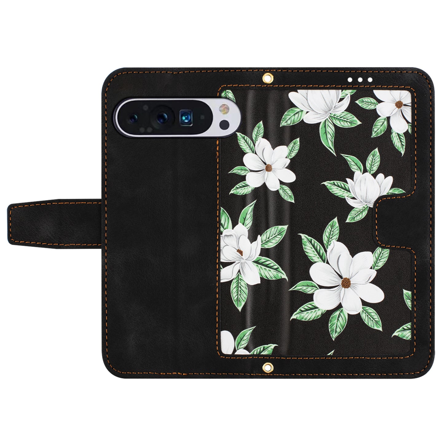 Phone Case for Google Pixel 9 Pro Flower Pattern PU Leather Stand Cover with Card Holder - Black