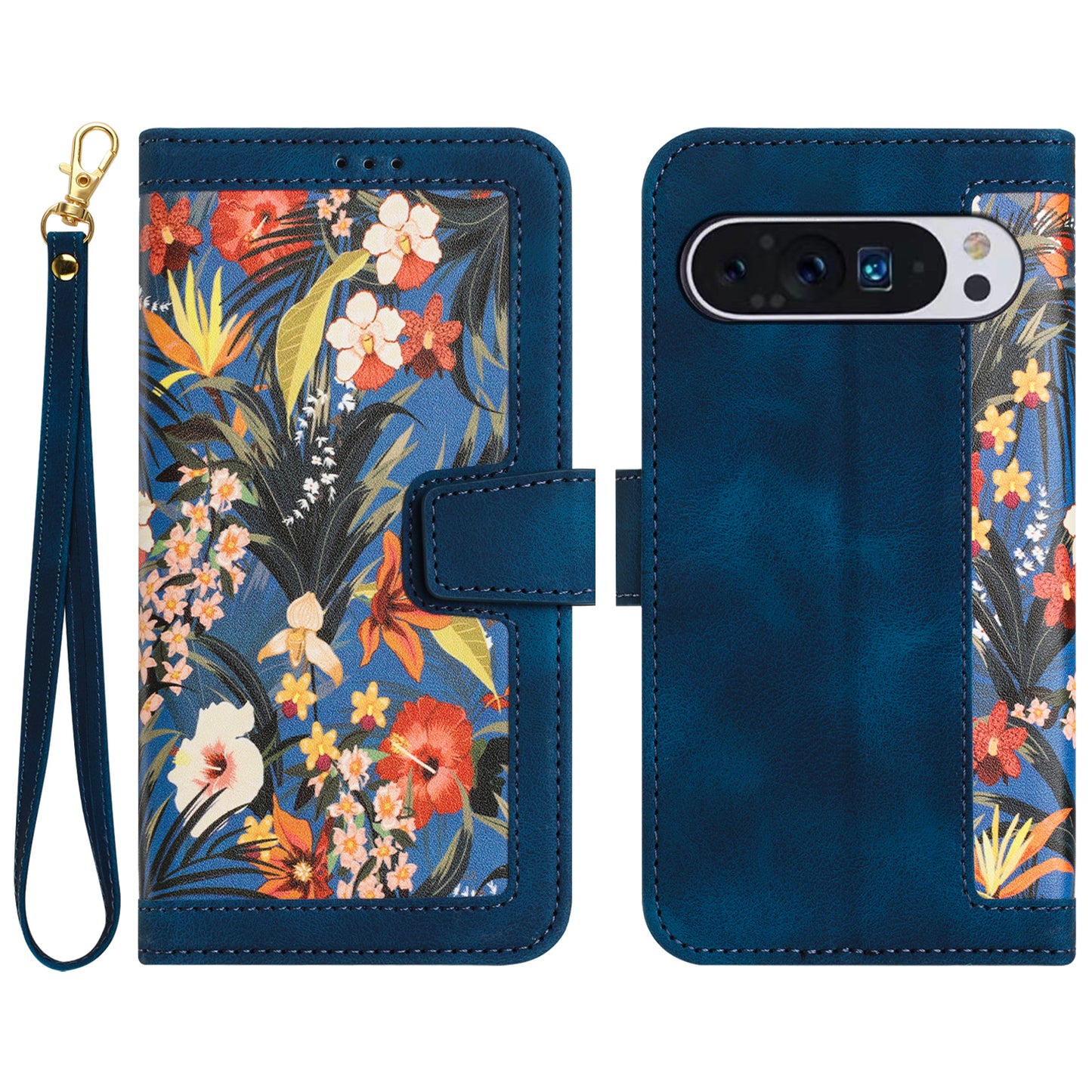 Phone Case for Google Pixel 9 Pro Flower Pattern PU Leather Stand Cover with Card Holder - Dark Blue