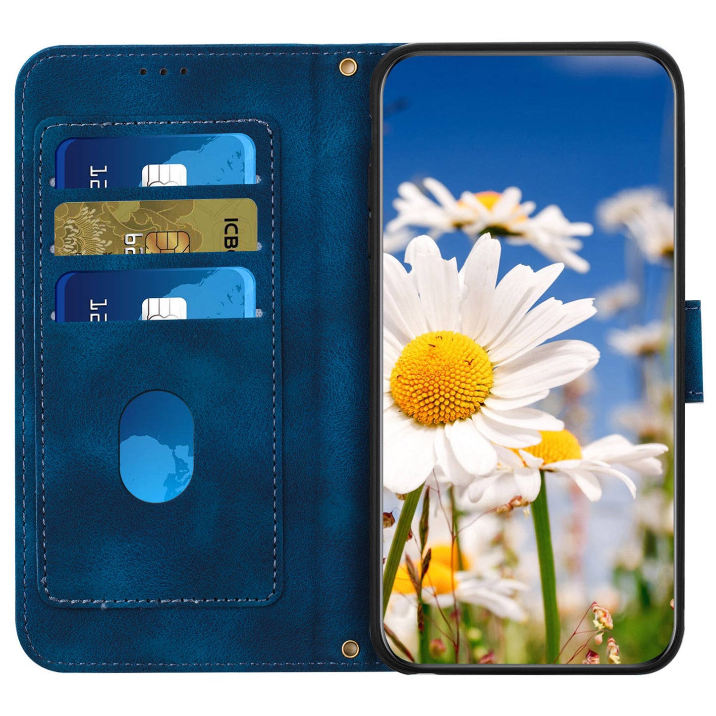 Phone Case for Google Pixel 9 Pro Flower Pattern PU Leather Stand Cover with Card Holder - Dark Blue