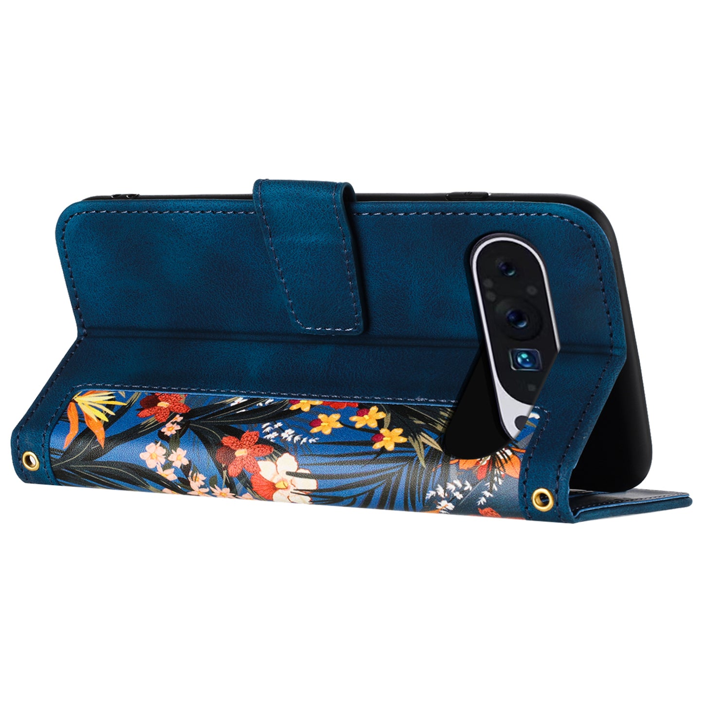 Phone Case for Google Pixel 9 Pro Flower Pattern PU Leather Stand Cover with Card Holder - Dark Blue