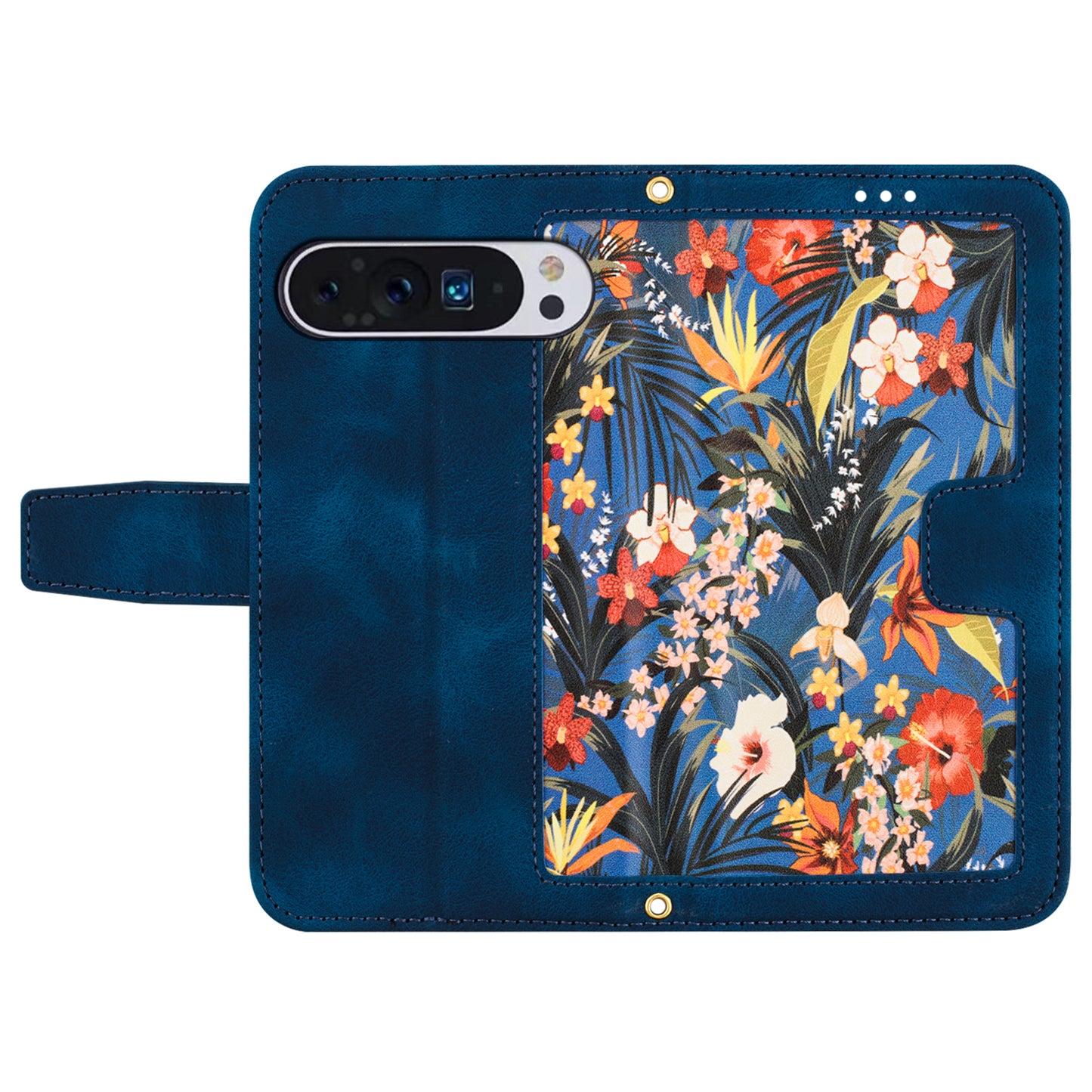 Phone Case for Google Pixel 9 Pro Flower Pattern PU Leather Stand Cover with Card Holder - Dark Blue
