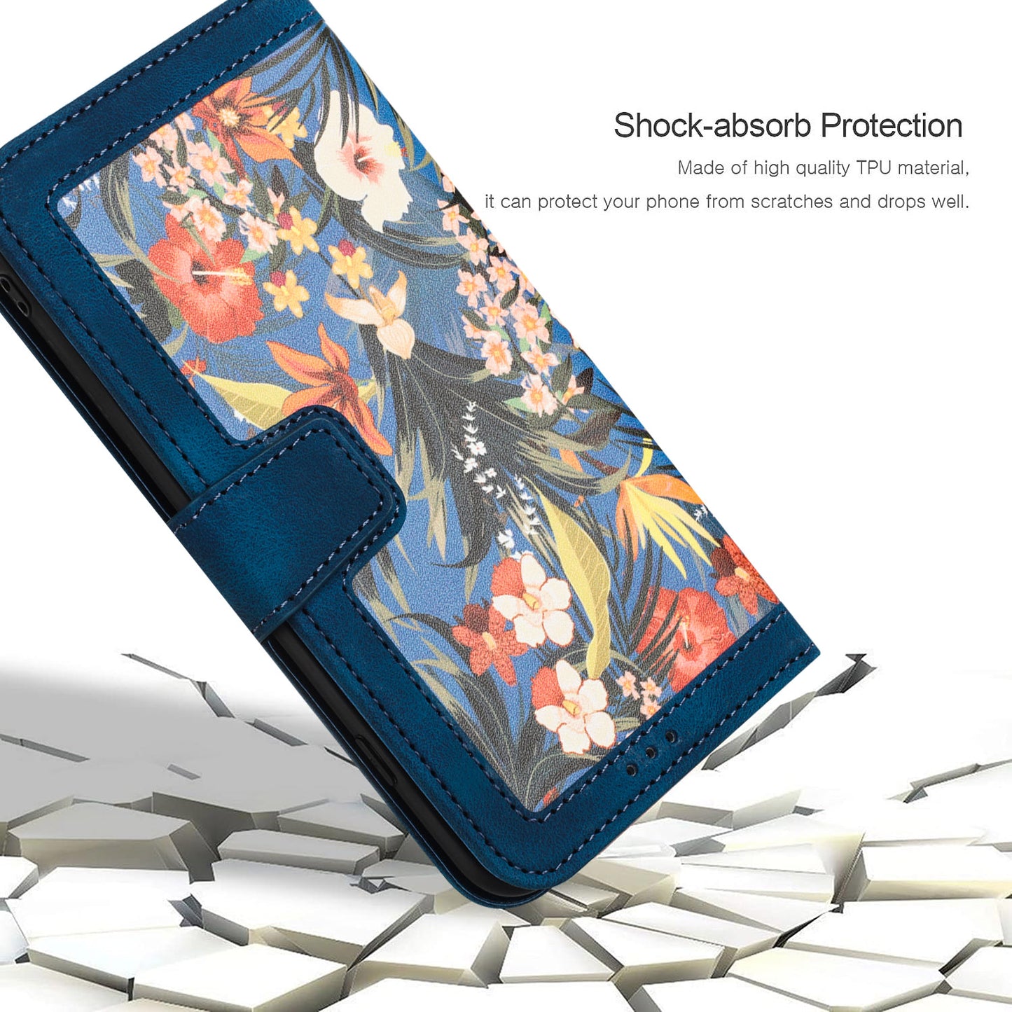 Phone Case for Google Pixel 9 Pro Flower Pattern PU Leather Stand Cover with Card Holder - Dark Blue