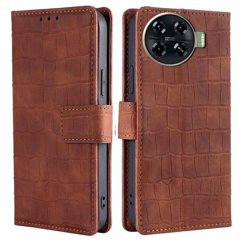 For Transsion Tecno Spark 20 Pro+ Phone Case Crocodile Texture PU Leather Protective Cover - Brown