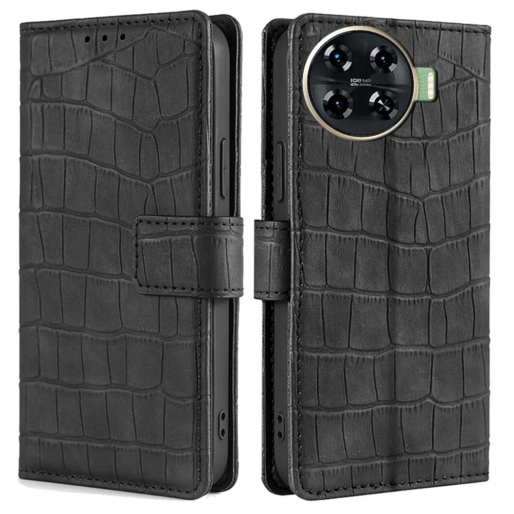 For Transsion Tecno Spark 20 Pro+ Phone Case Crocodile Texture PU Leather Protective Cover - Black