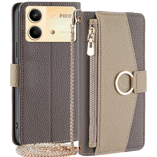 For Xiaomi Redmi Note 13R Pro 5G Case Zipper Wallet Mirror Leather Phone Cover with Shoulder Strap - Grey
