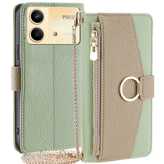 For Xiaomi Redmi Note 13R Pro 5G Case Zipper Wallet Mirror Leather Phone Cover with Shoulder Strap - Green