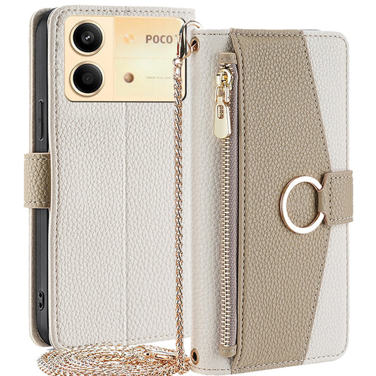 For Xiaomi Redmi Note 13R Pro 5G Case Zipper Wallet Mirror Leather Phone Cover with Shoulder Strap - White
