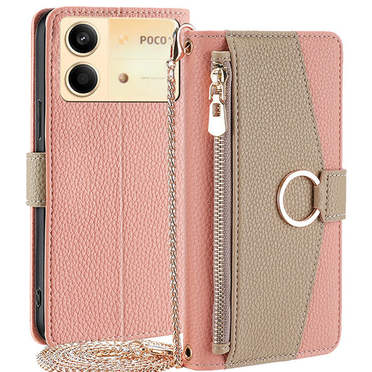 For Xiaomi Redmi Note 13R Pro 5G Case Zipper Wallet Mirror Leather Phone Cover with Shoulder Strap - Pink