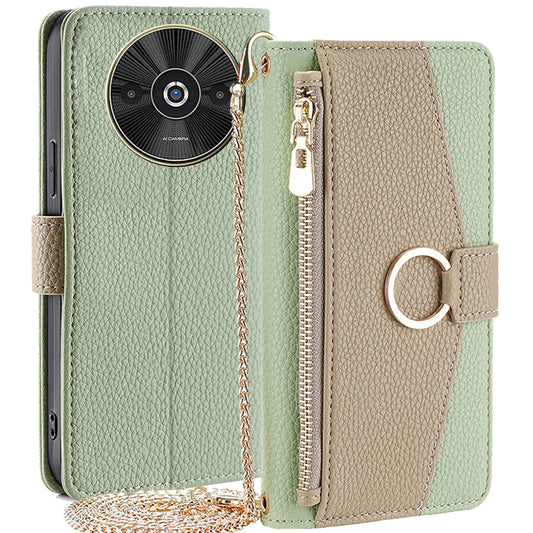 For Xiaomi Redmi A3 / Poco C61 4G Crossbody Lanyard Case Leather Wallet Phone Cover with Makeup Mirror - Green