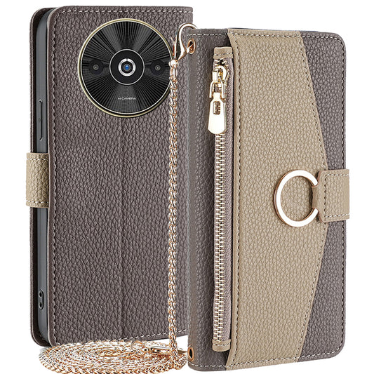 For Xiaomi Redmi A3 / Poco C61 4G Crossbody Lanyard Case Leather Wallet Phone Cover with Makeup Mirror - Grey