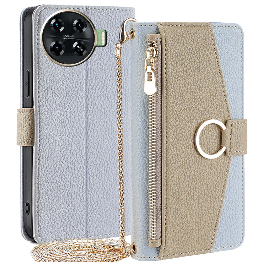 For Transsion Tecno Spark 20 Pro+ Wallet Case Zipper Folio Leather Phone Cover with Crossbody Strap - Blue