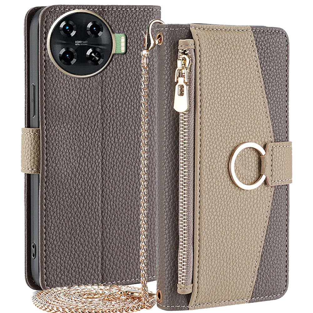 For Transsion Tecno Spark 20 Pro+ Wallet Case Zipper Folio Leather Phone Cover with Crossbody Strap - Grey