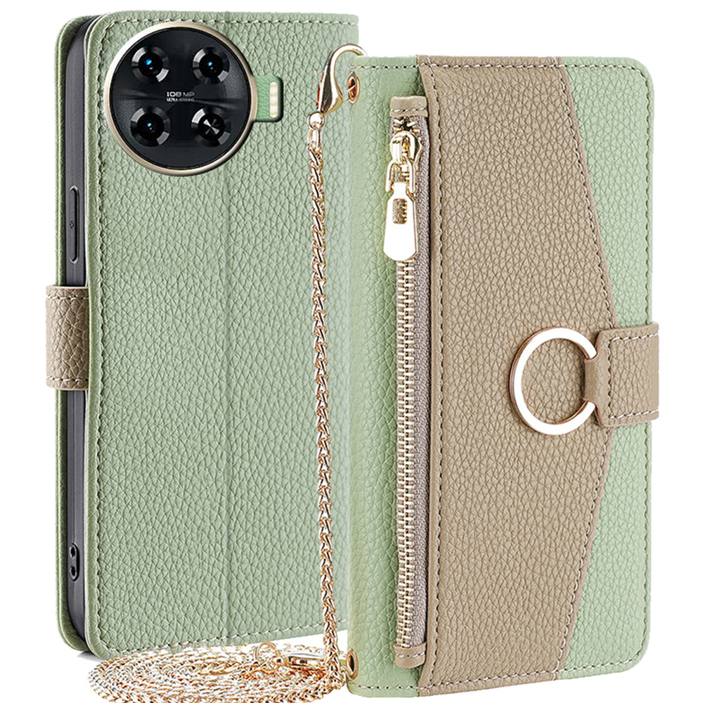 For Transsion Tecno Spark 20 Pro+ Wallet Case Zipper Folio Leather Phone Cover with Crossbody Strap - Green