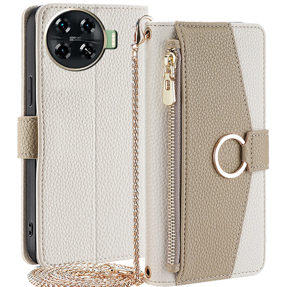 For Transsion Tecno Spark 20 Pro+ Wallet Case Zipper Folio Leather Phone Cover with Crossbody Strap - White