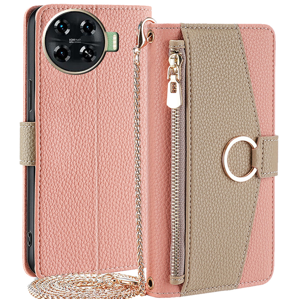 For Transsion Tecno Spark 20 Pro+ Wallet Case Zipper Folio Leather Phone Cover with Crossbody Strap - Pink