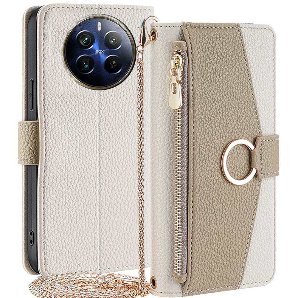 For Realme 12 Pro 5G / 12 Pro+ 5G Case with Lanyard Wallet Zipper Leather Phone Cover - White