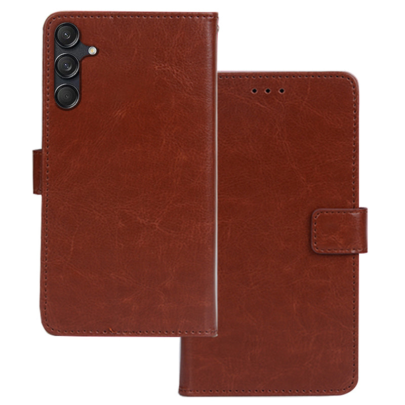 IDEWEI For Samsung Galaxy M55 5G Case PU Leather Folio Stand View Phone Cover Crazy Horse Texture - Brown