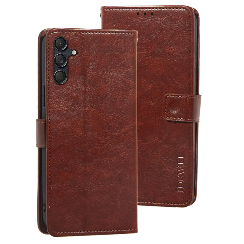 IDEWEI For Samsung Galaxy M55 5G Case Crazy Horse Texture PU Leather Phone Cover Card Holder Stand - Brown