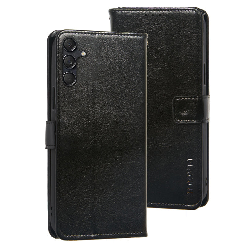 IDEWEI For Samsung Galaxy M55 5G Case Crazy Horse Texture PU Leather Phone Cover Card Holder Stand - Black