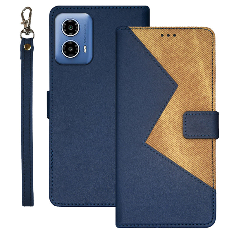 IDEWEI For Motorola Moto G34 5G Case 3 Card Slots Leather Phone Cover with Wrist Strap - Blue