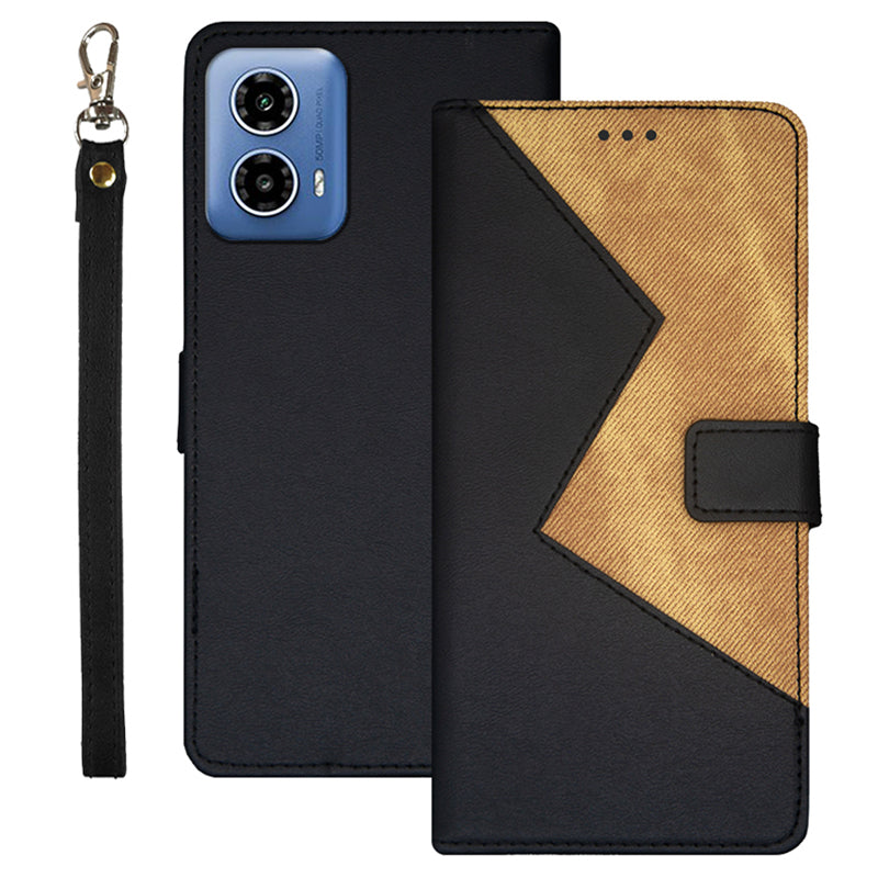 IDEWEI For Motorola Moto G34 5G Case 3 Card Slots Leather Phone Cover with Wrist Strap - Black