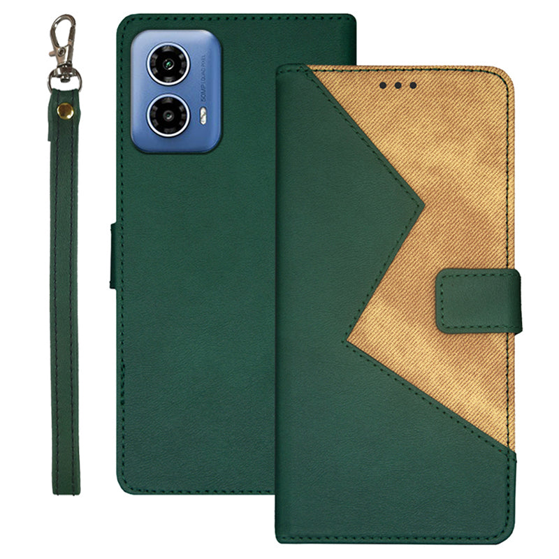 IDEWEI For Motorola Moto G34 5G Case 3 Card Slots Leather Phone Cover with Wrist Strap - Green
