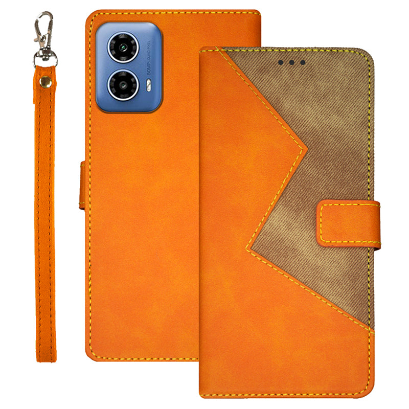 IDEWEI For Motorola Moto G34 5G Case 3 Card Slots Leather Phone Cover with Wrist Strap - Yellow