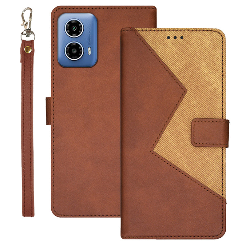 IDEWEI For Motorola Moto G34 5G Case 3 Card Slots Leather Phone Cover with Wrist Strap - Brown
