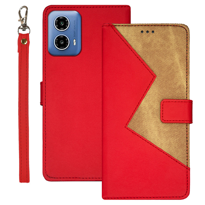 IDEWEI For Motorola Moto G34 5G Case 3 Card Slots Leather Phone Cover with Wrist Strap - Red
