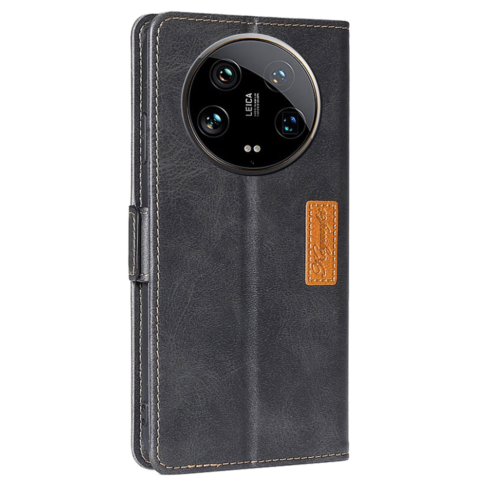 For Xiaomi 14 Ultra Case Dual Color Splicing Leather Flip Wallet Phone Cover - Black+Grey