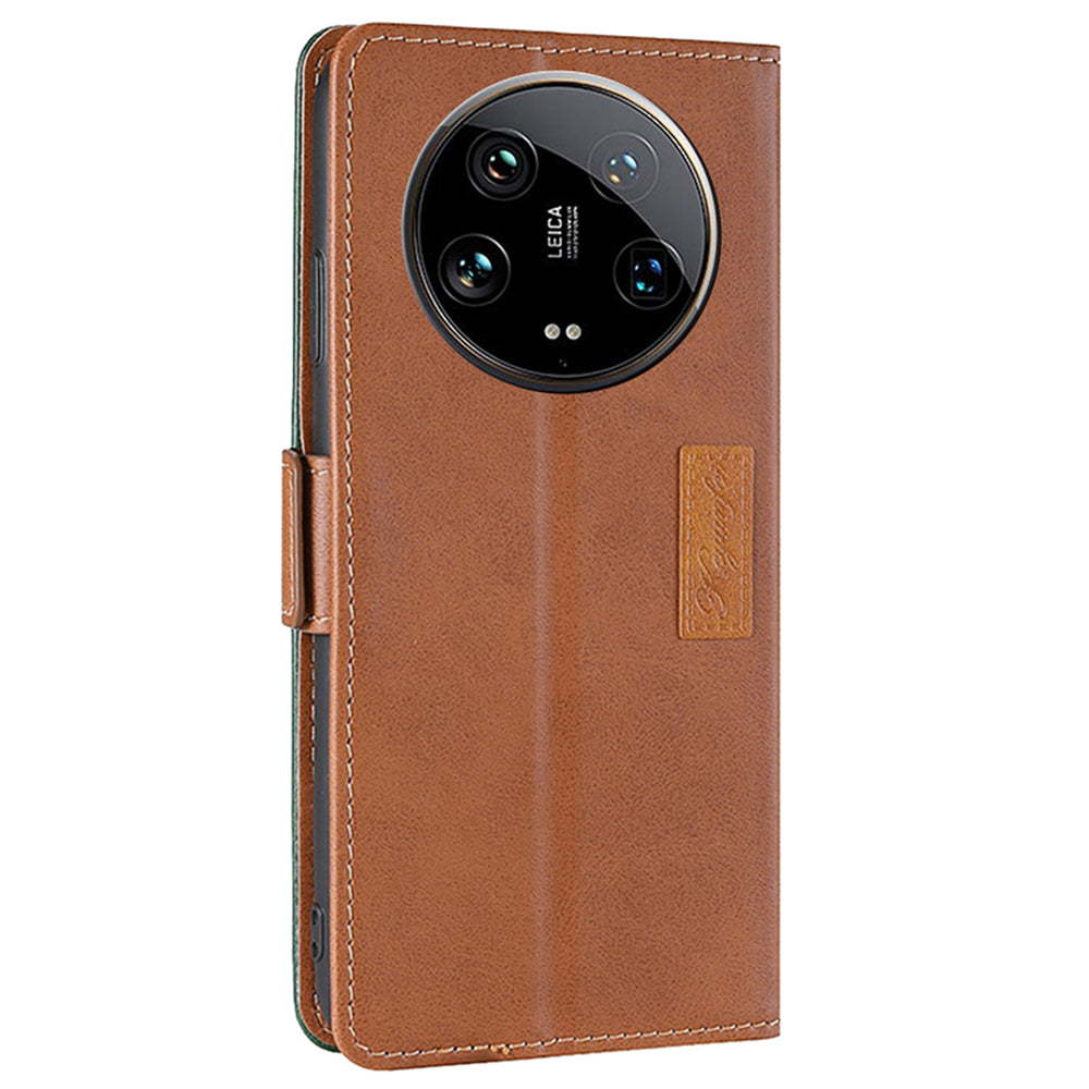 For Xiaomi 14 Ultra Case Dual Color Splicing Leather Flip Wallet Phone Cover - Light Brown+Green