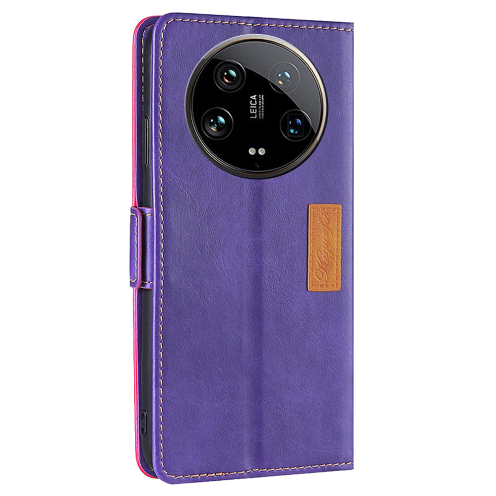 For Xiaomi 14 Ultra Case Dual Color Splicing Leather Flip Wallet Phone Cover - Rose+Purple